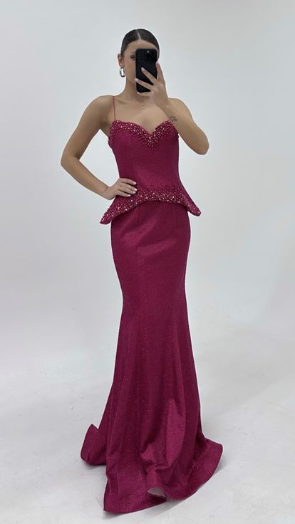 Fuchsiafarbenes Herzausschnitt Perlenbestickt Abendkleid