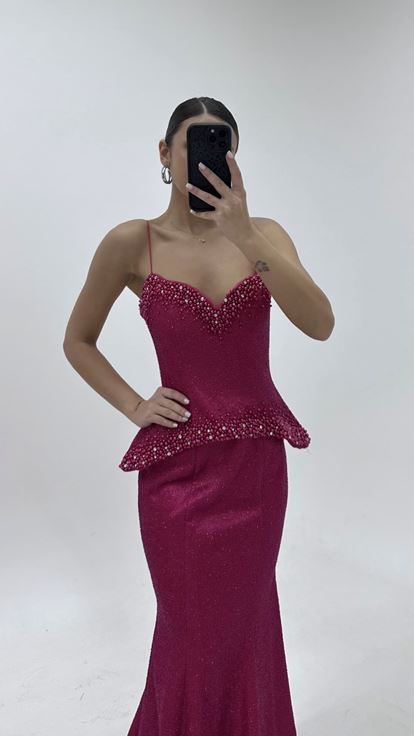 Fuchsiafarbenes Herzausschnitt Perlenbestickt Abendkleid
