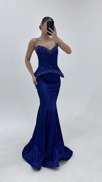 Sax Heart Neckline Beaded Evening Dress
