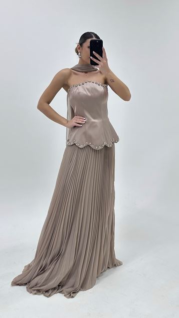 Mink Strapless Pleated Evening Dress