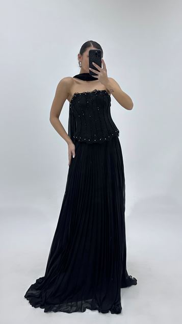 Black Pleated Evening Gown with Vertical Beadwork