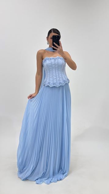 Blue Pleated Evening Gown Set with Vertical Beadwork