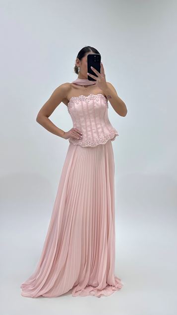 Powder Pink Vertical Beaded Pleated Evening Dress Set