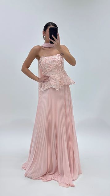 Salmoncolored floral top and pleated evening gown set