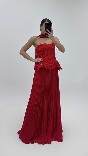 Red Floral Top and Pleated Evening Dress Set