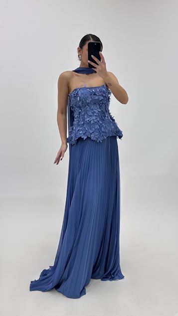 Indigo Floral Top and Pleated Evening Dress Set