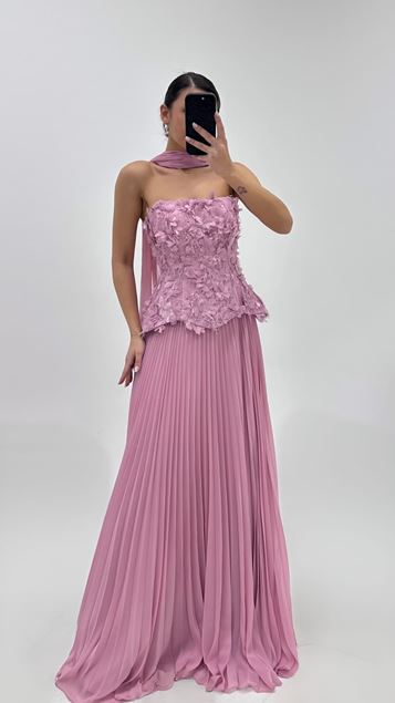 Rose Pink Floral Top and Pleated Evening Dress Set