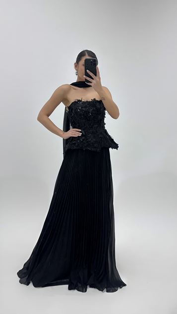 Black Floral Top and Pleated Evening Dress Set