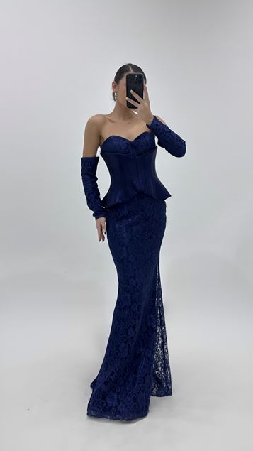 Navy Blue Lace Evening Dress with Bustier