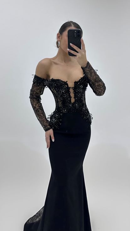 Black Long Sleeve Mermaid Evening Dress