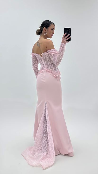 Powder Pink Long Sleeve Mermaid Evening Dress