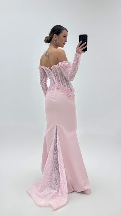 Powder Pink Long Sleeve Mermaid Evening Dress