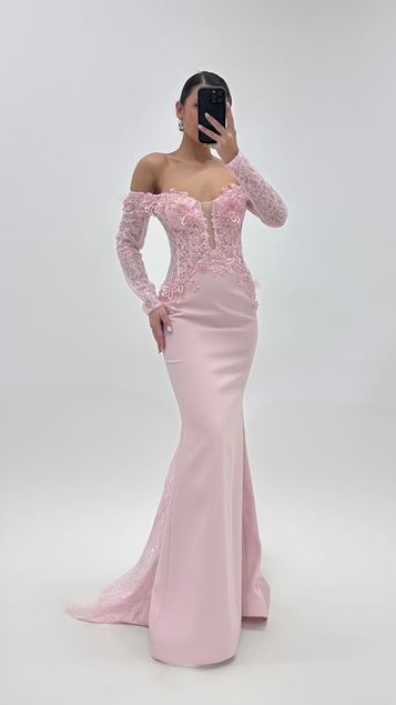 Powder Pink LongSleeved Mermaid Style Evening Dress