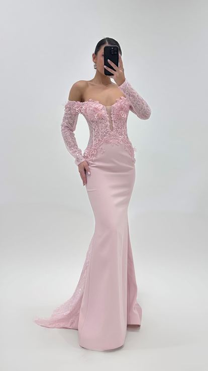 Powder Pink Long Sleeve Mermaid Evening Dress