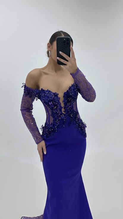 Mor Uzun Kollu Balık Model Abiye Elbise
