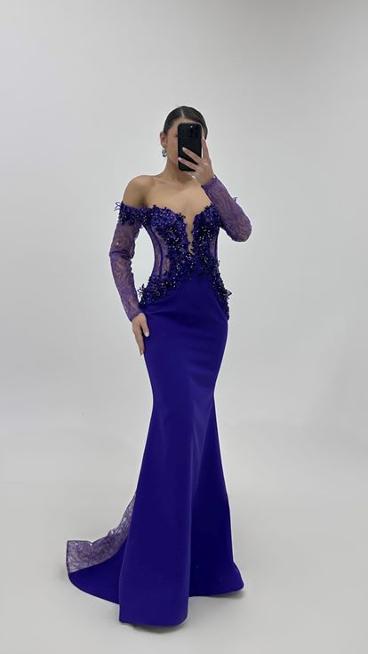 Mor Uzun Kollu Balık Model Abiye Elbise