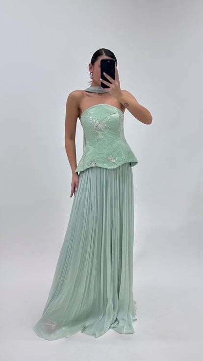 Ensemble de Soirée Vert Menthe Péplum Haut Bustier Plissé