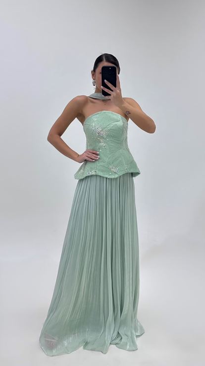 Ensemble de Soirée Vert Menthe Péplum Haut Bustier Plissé