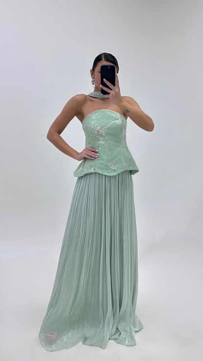 Ensemble de Soirée Vert Menthe Péplum Haut Bustier Plissé