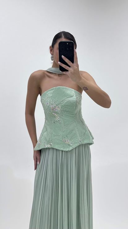 Ensemble de Soirée Vert Menthe Péplum Haut Bustier Plissé