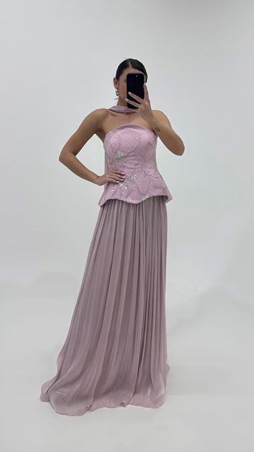 Powder Pink Peplum Bustier Pleated Evening Gown Set