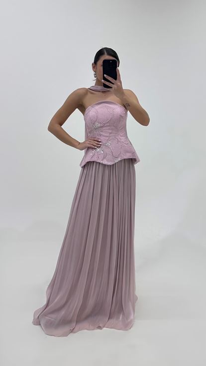 Puderrosa Peplum Bustier Top Plissiert Abend Set