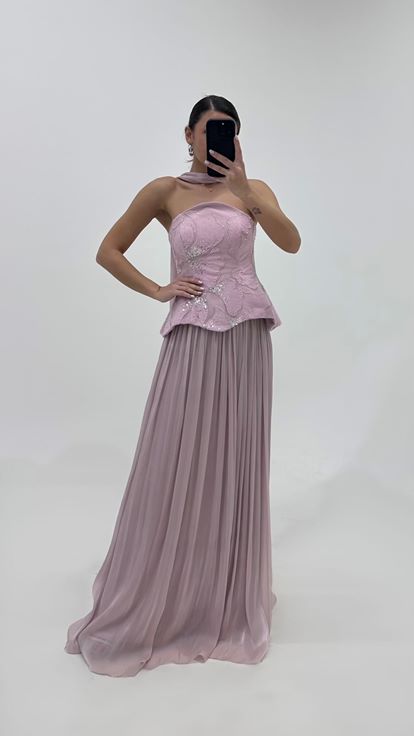 Puderrosa Peplum Bustier Top Plissiert Abend Set