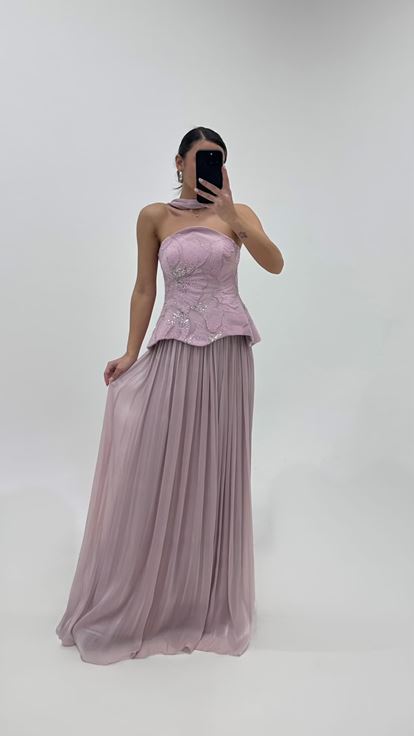 Puderrosa Peplum Bustier Top Plissiert Abend Set