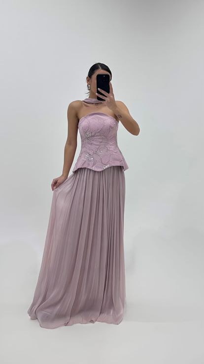 Puderrosa Peplum Bustier Top Plissiert Abend Set