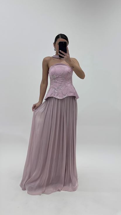 Puderrosa Peplum Bustier Top Plissiert Abend Set