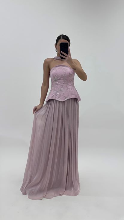 Puderrosa Peplum Bustier Top Plissiert Abend Set