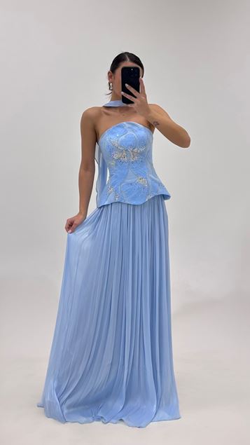 Conjunto de vestido de noche azul con corpiño peplum plisado y bustier