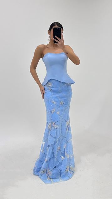 Blue Strapless Floral Pattern Evening Dress Set