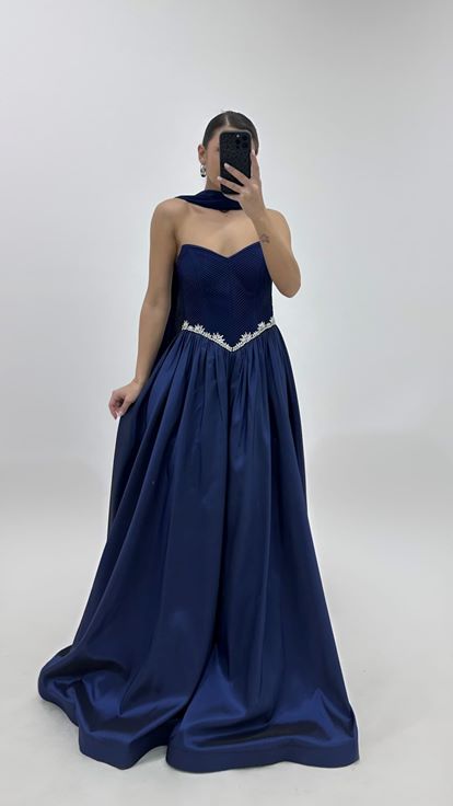 Lacivert Prenses Model Straplez Abiye Elbise