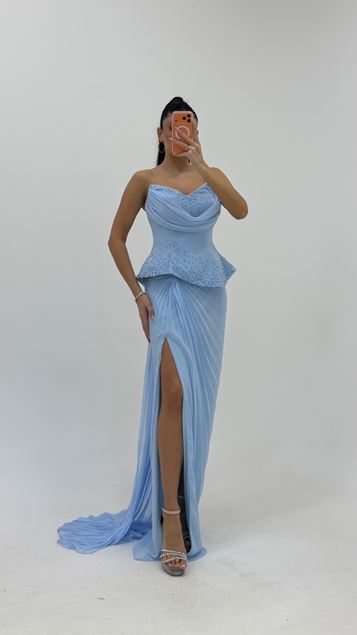 Baby Blue Ruffled Waist Evening Dress