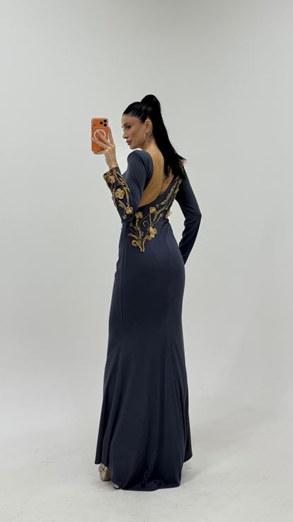 Anthrazitfarbenes Langarm Blumendetail Bestickt Abendkleid