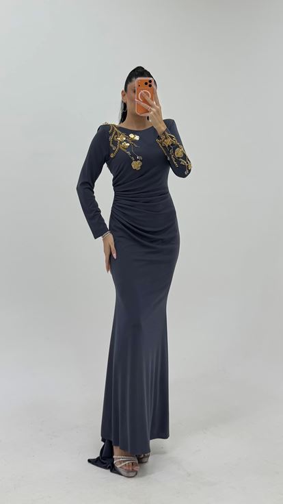 Anthrazitfarbenes Langarm Blumendetail Bestickt Abendkleid