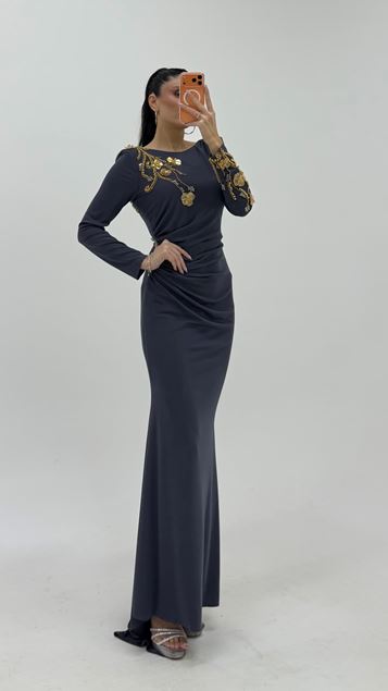 Anthracite Long Sleeved Floral Embroidered Evening Dress