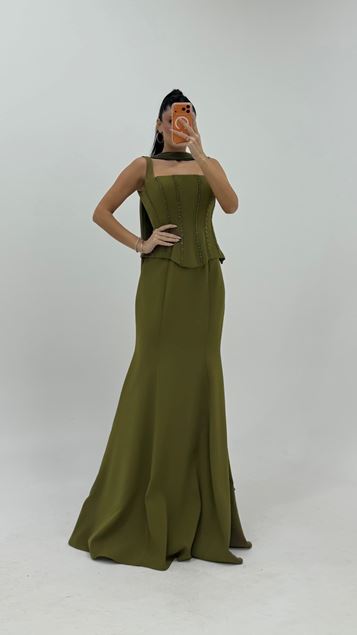 Abito da sera lungo a sirena color kaki scintillante
