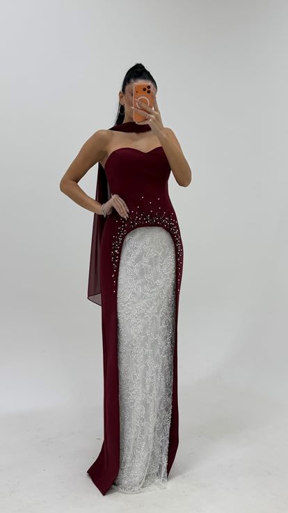 Bordo Iki Renkli Katmanlı Abiye Elbise