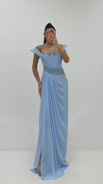 Baby Blue Off Shoulder Pleated Sleeve Evening Dress