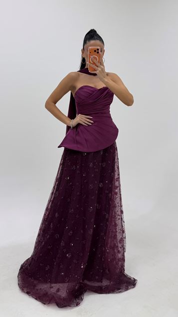 Cherry Red Satin Bodice Embroidered Tulle Skirt Evening Dress