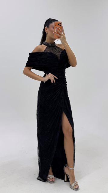 Black Beaded Ruched Evening Dress