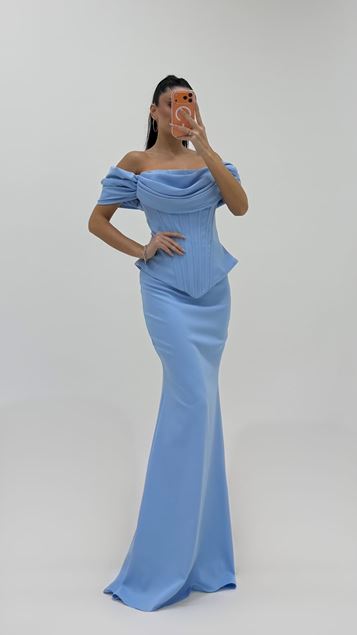 Baby Blue Draped Collar Detail Evening Dress