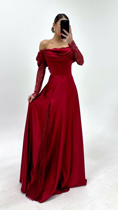 Bordo Saten Korseli Abiye Elbise