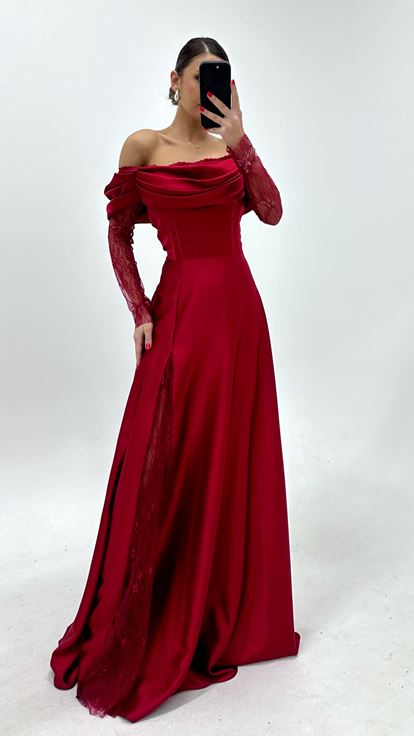 Bordo Saten Korseli Abiye Elbise