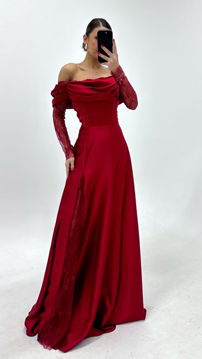 Bordo Saten Korseli Abiye Elbise