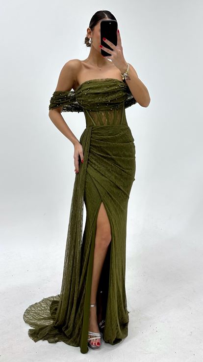 Haki İncili Drape Dantel Abiye Elbise