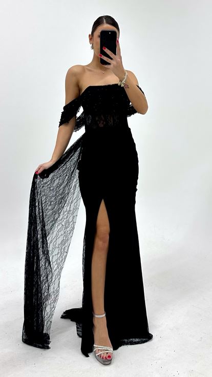 Siyah İncili Drape Dantel Abiye Elbise