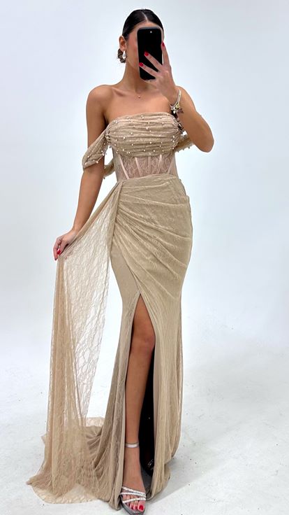 Vizon İncili Drape Dantel Abiye Elbise
